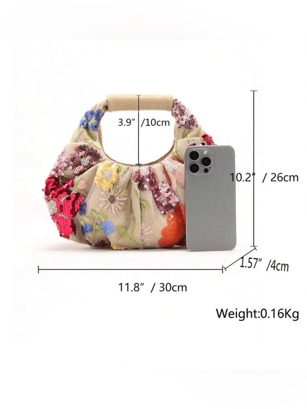 NEW Sequin Floral Embroidered Beige Shoulder Bag